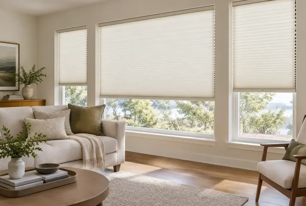 Cellular honeycomb shades in a living room