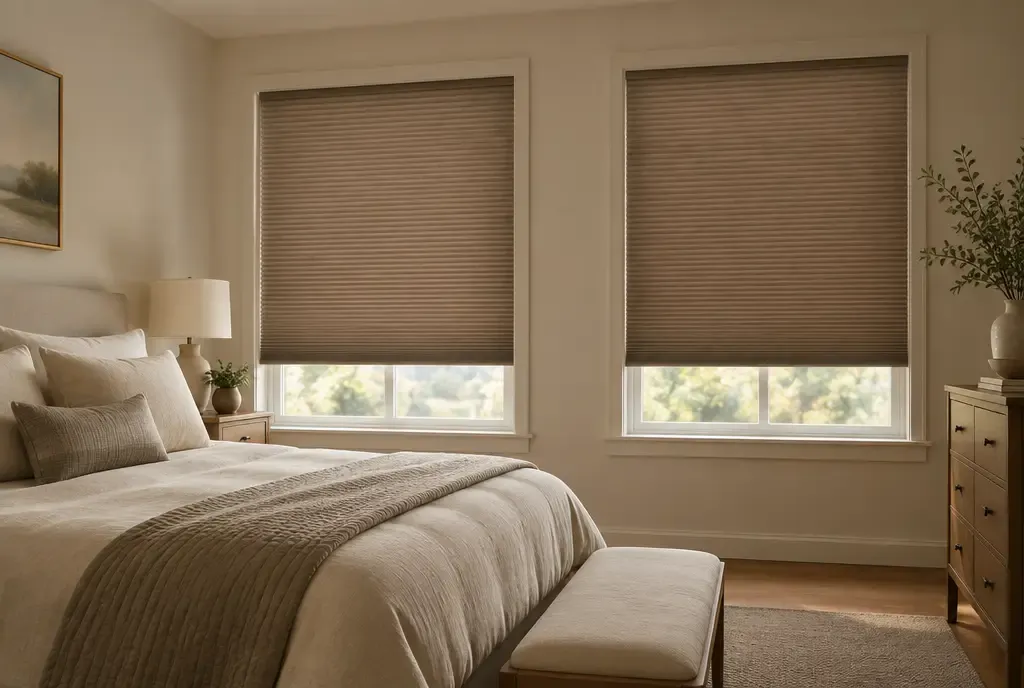 Cellular honeycomb shades in a living room, photo 2