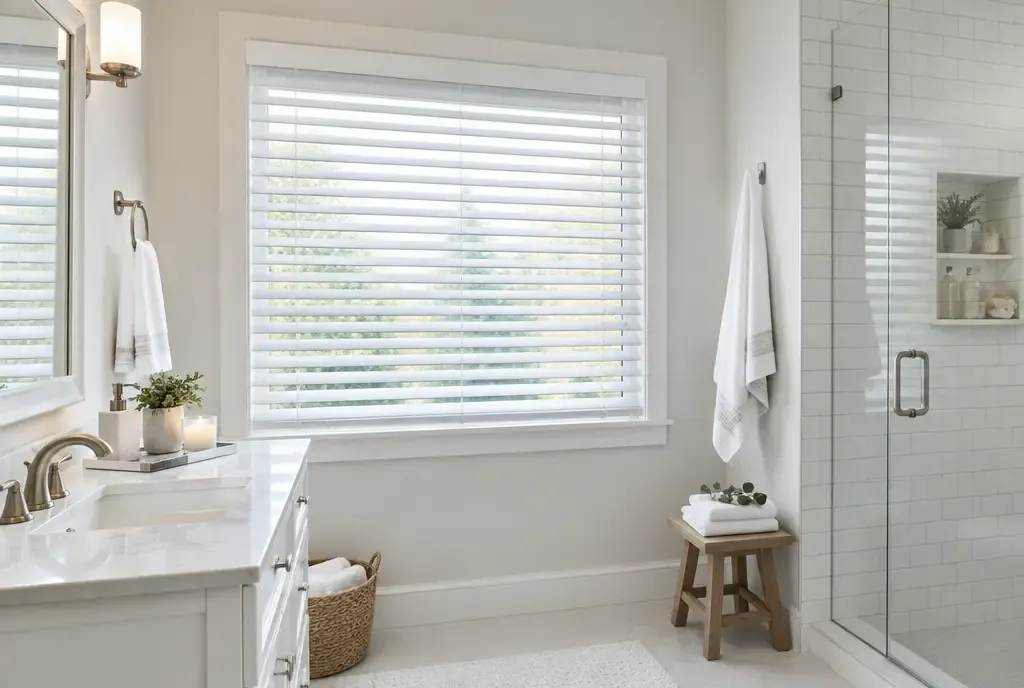 Faux wood blinds in a bright home