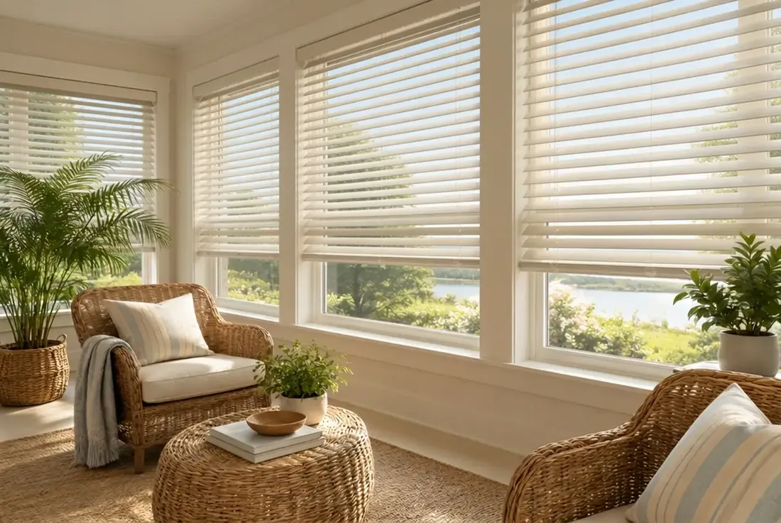 Faux wood blinds in a bright home, photo 2