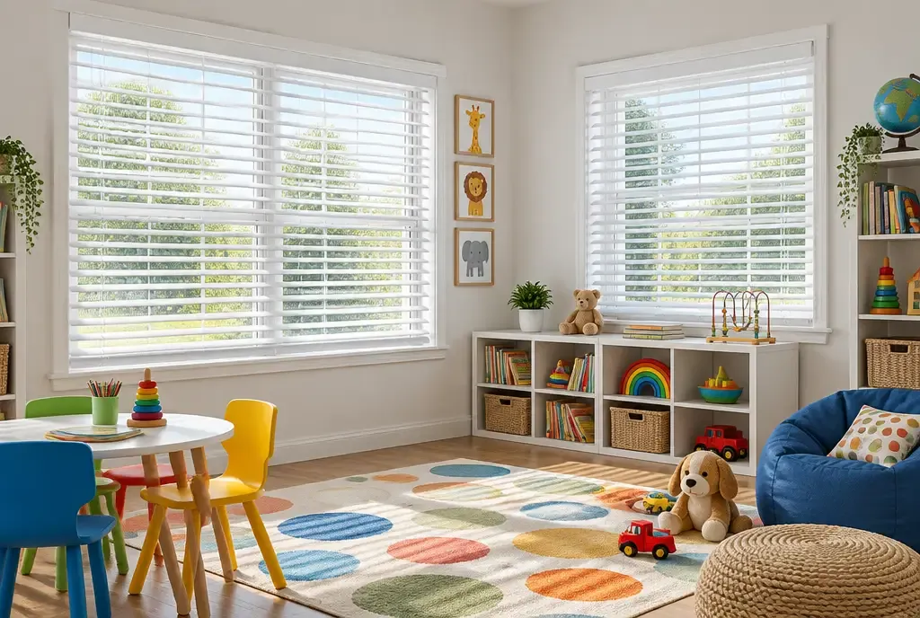 Faux wood blinds in a bright home, photo 3