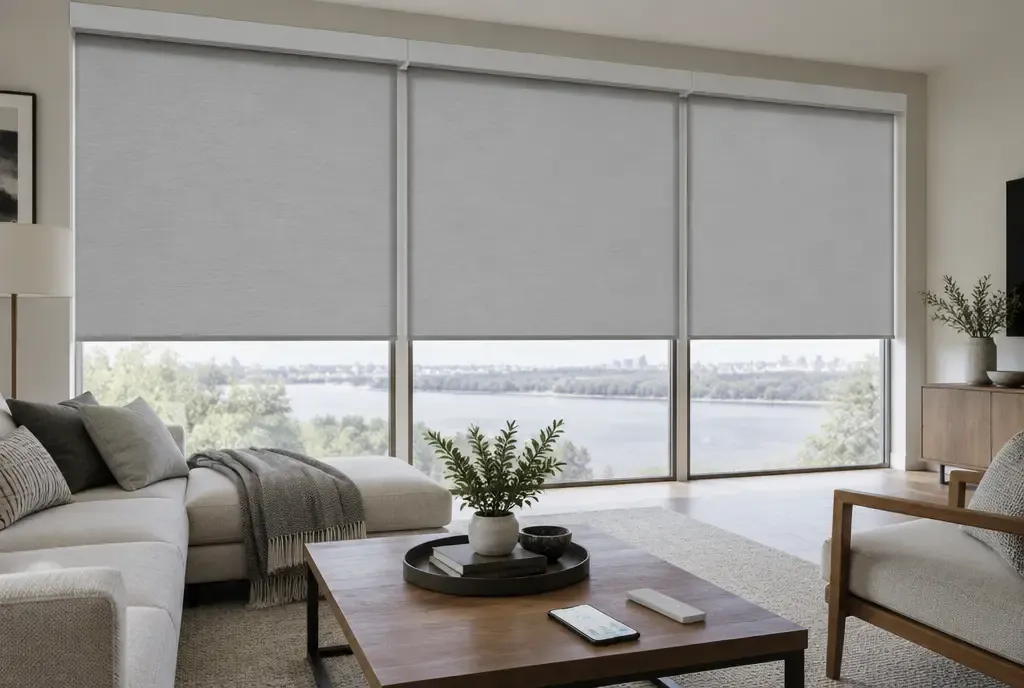 Motorized roller shades in a living room