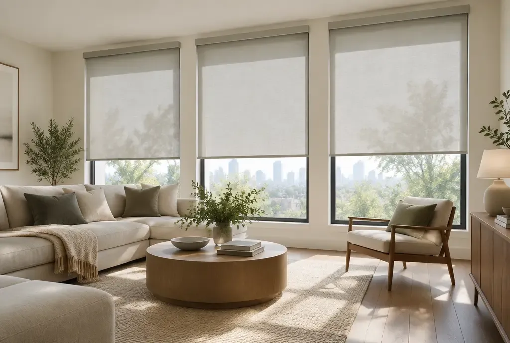 Cordless roller shades in a modern home
