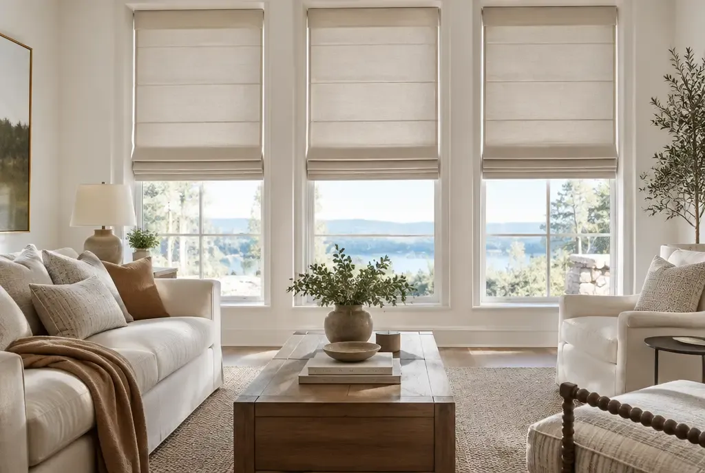 Roman shades in a bedroom and living room