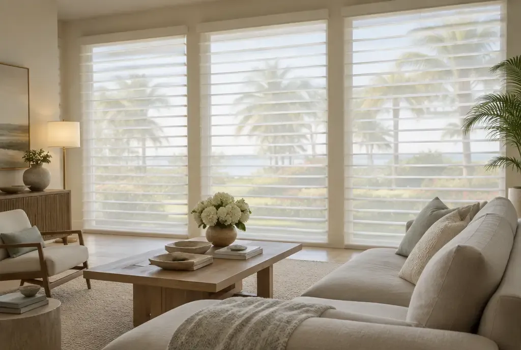 Sheer shades filtering daylight in a living room