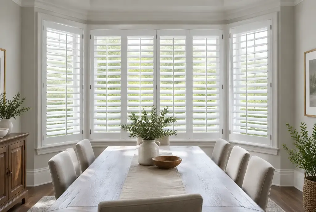 White plantation shutters in a bright home