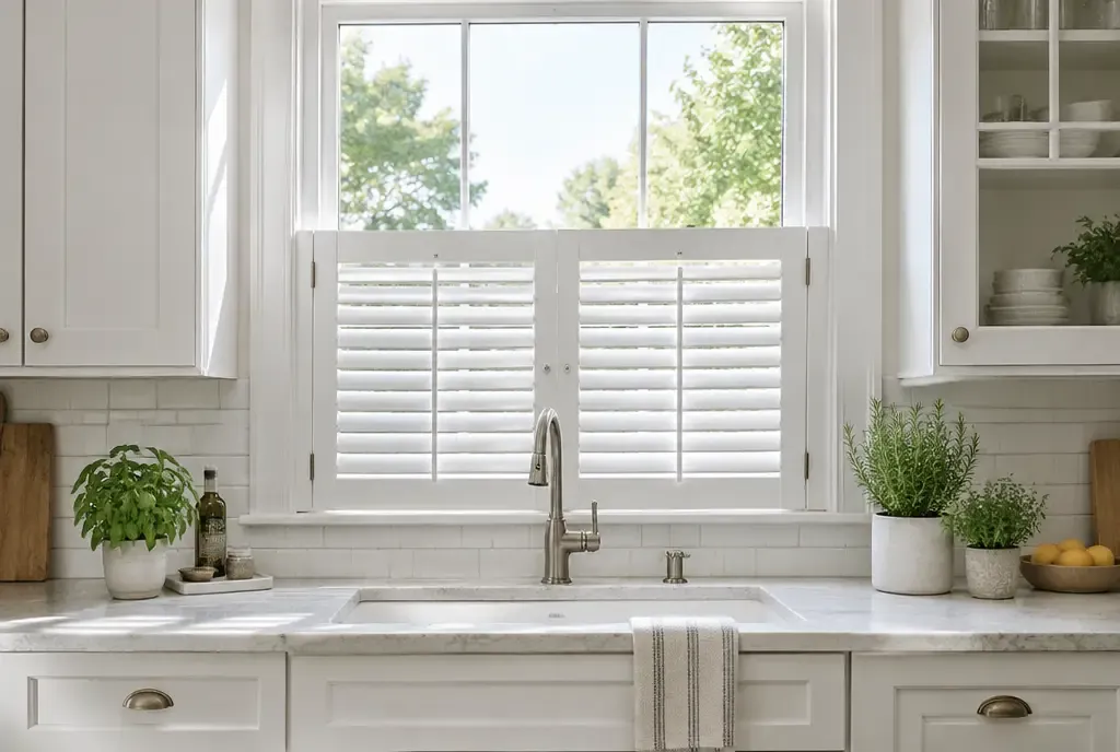 White plantation shutters in a bright home, photo 2